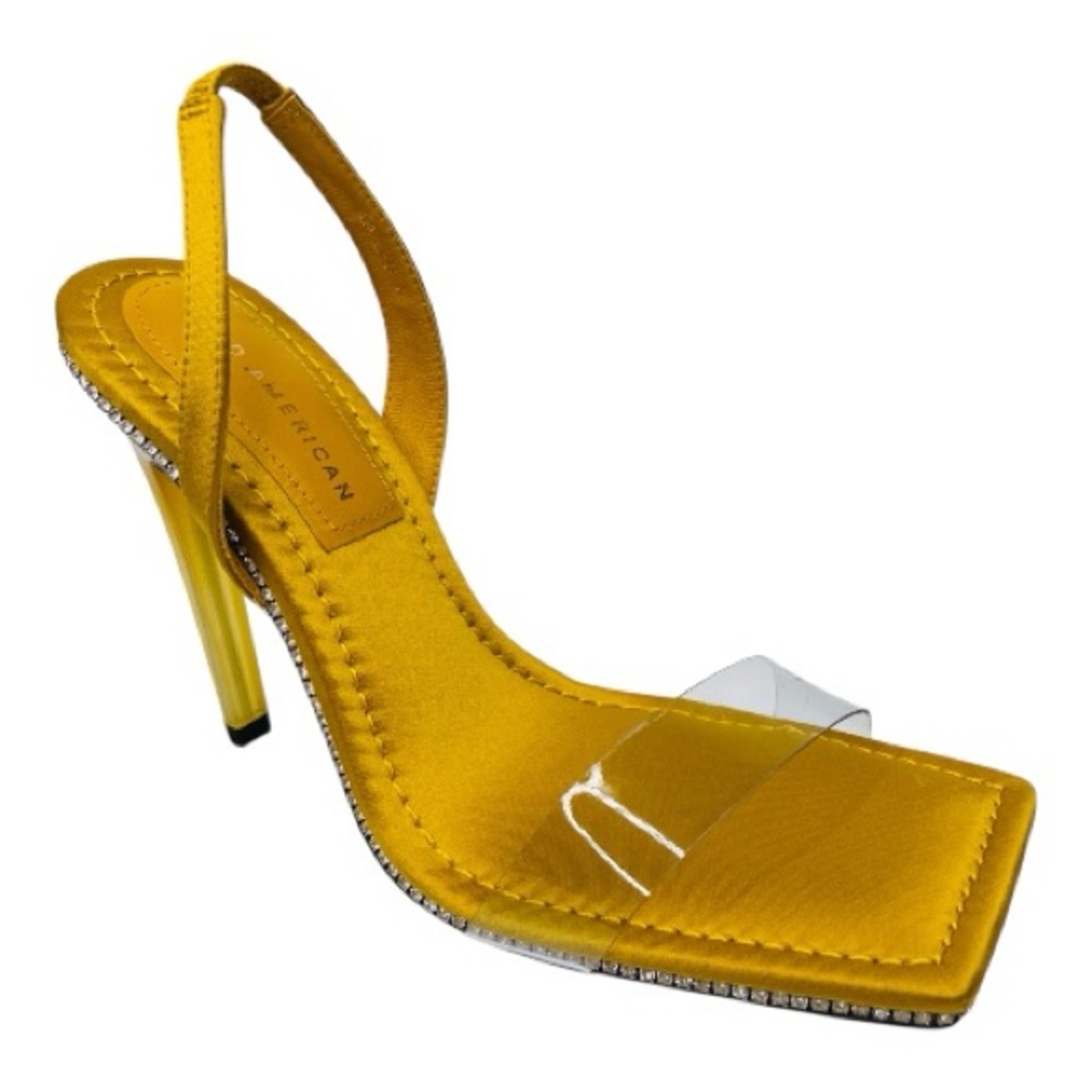 Good American Yellow Satin Lucite Slingback Square Toe  Rhinestones Sandals Sz9